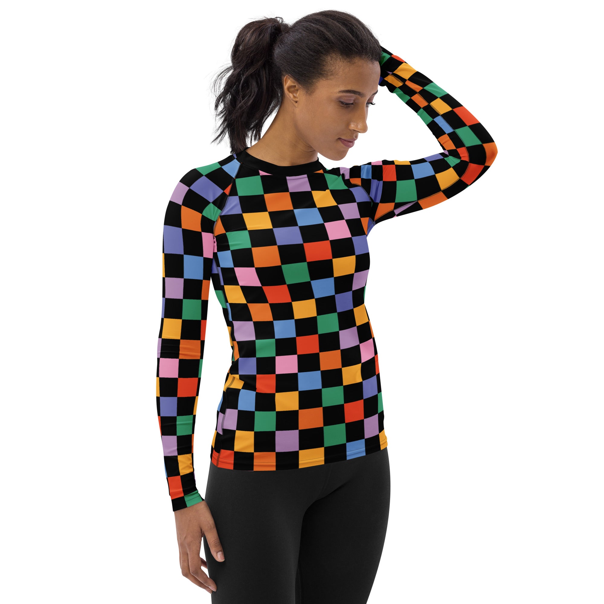 Women's Rainbow Checkered Long Sleeve Rash Guard Swim Shirt – Buttery Soft, Sun Safe UPF 50+ Protection, Quick Dry & 4-Way Stretch Comfort