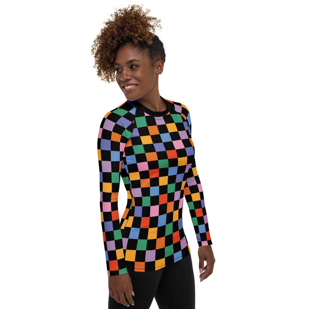 Women's Rainbow Checkered Long Sleeve Rash Guard Swim Shirt – Buttery Soft, Sun Safe UPF 50+ Protection, Quick Dry & 4-Way Stretch Comfort