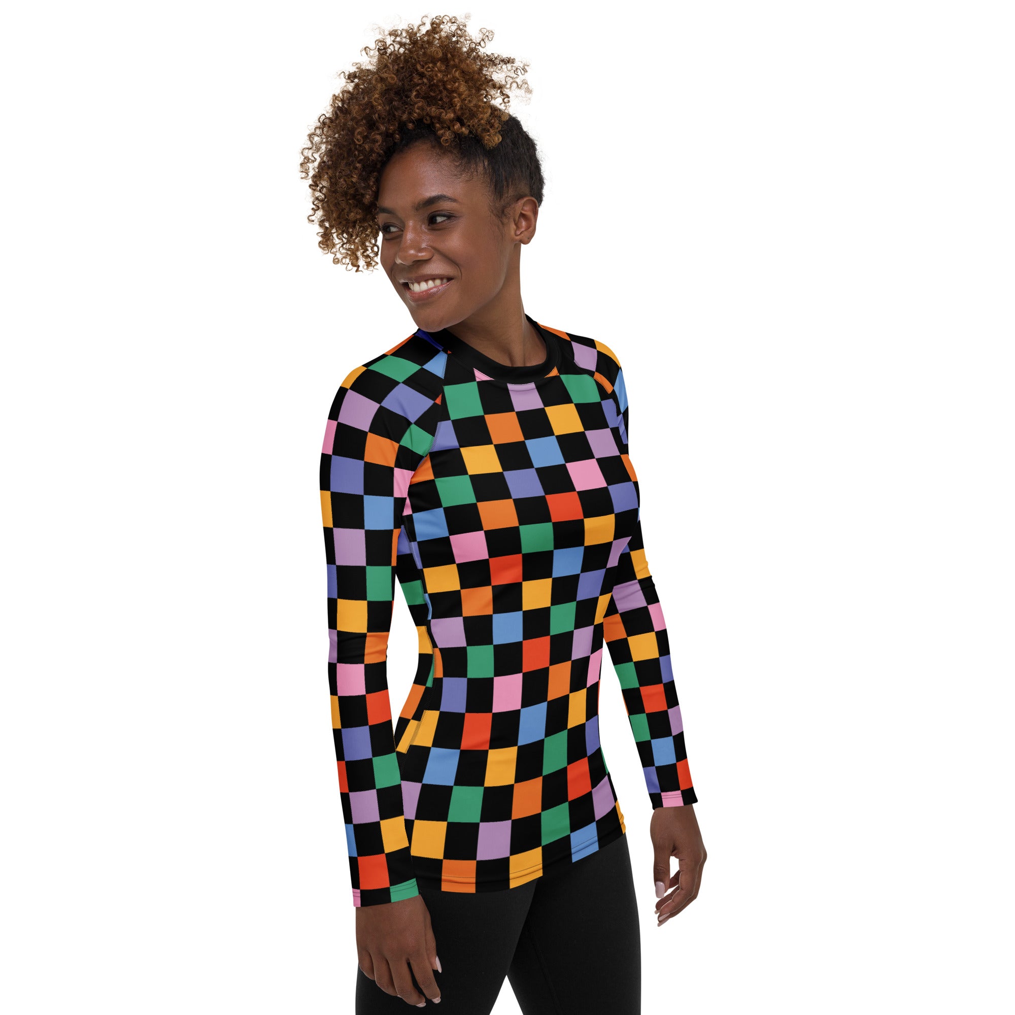 Women's Rainbow Checkered Long Sleeve Rash Guard Swim Shirt – Buttery Soft, Sun Safe UPF 50+ Protection, Quick Dry & 4-Way Stretch Comfort