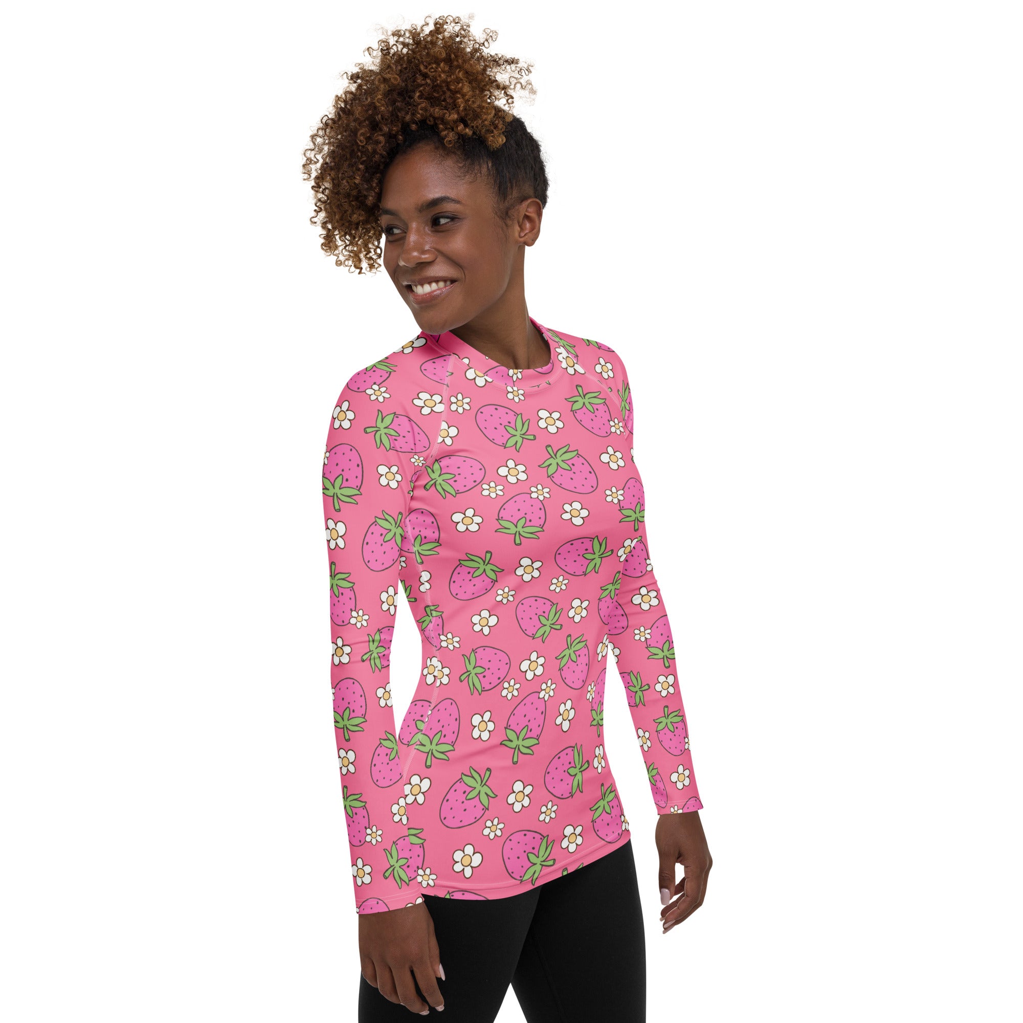 Women's Pink Strawberry Daisy Long Sleeve Rash Guard Swim Shirt – Buttery Soft, Sun Safe UPF 50+ Protection, Quick Dry & 4-Way Stretch Comfort