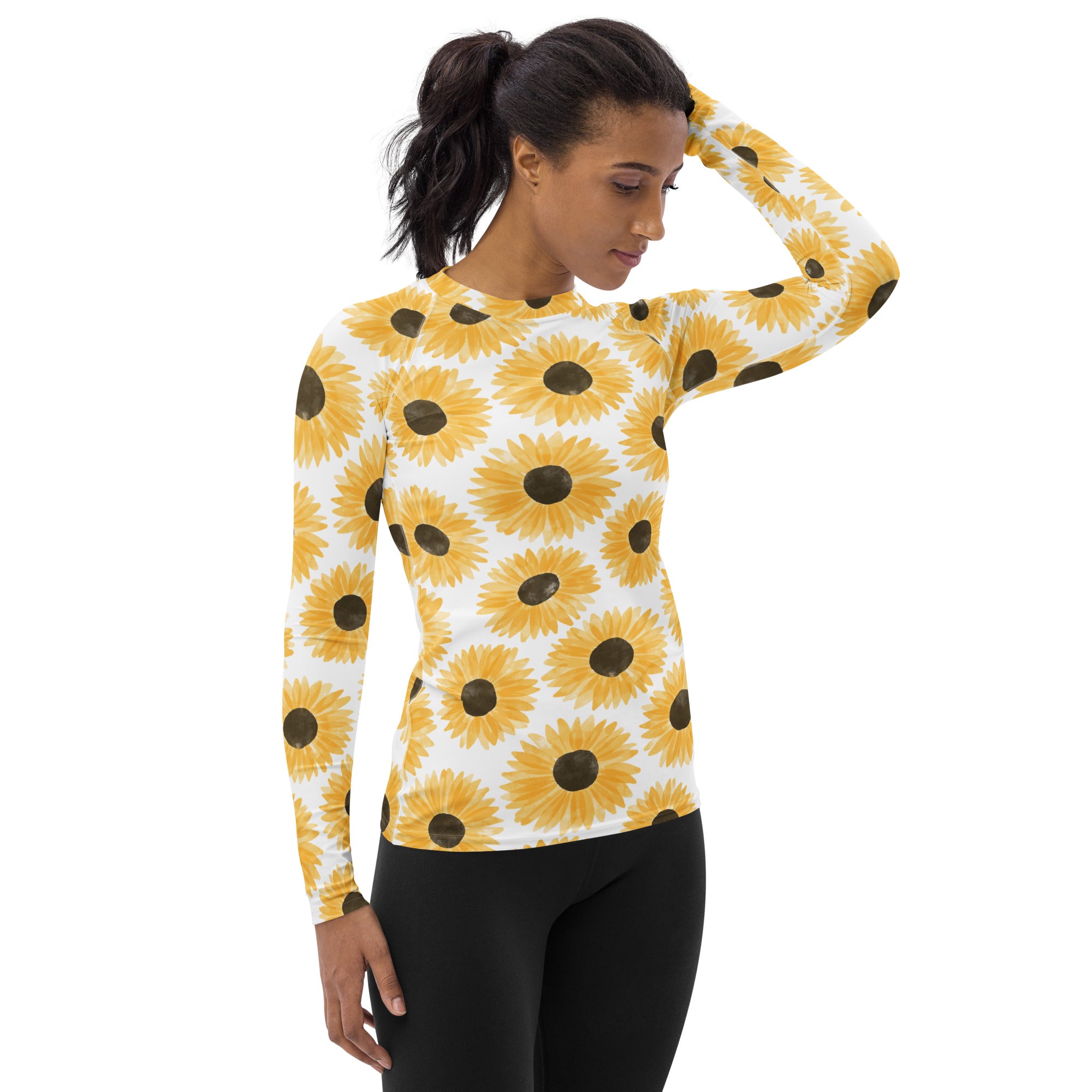 Women's Yellow Watercolor Sunflower Long Sleeve Rash Guard Swim Shirt – Buttery Soft, Sun Safe UPF 50+ Protection, Quick Dry & 4-Way Stretch Comfort