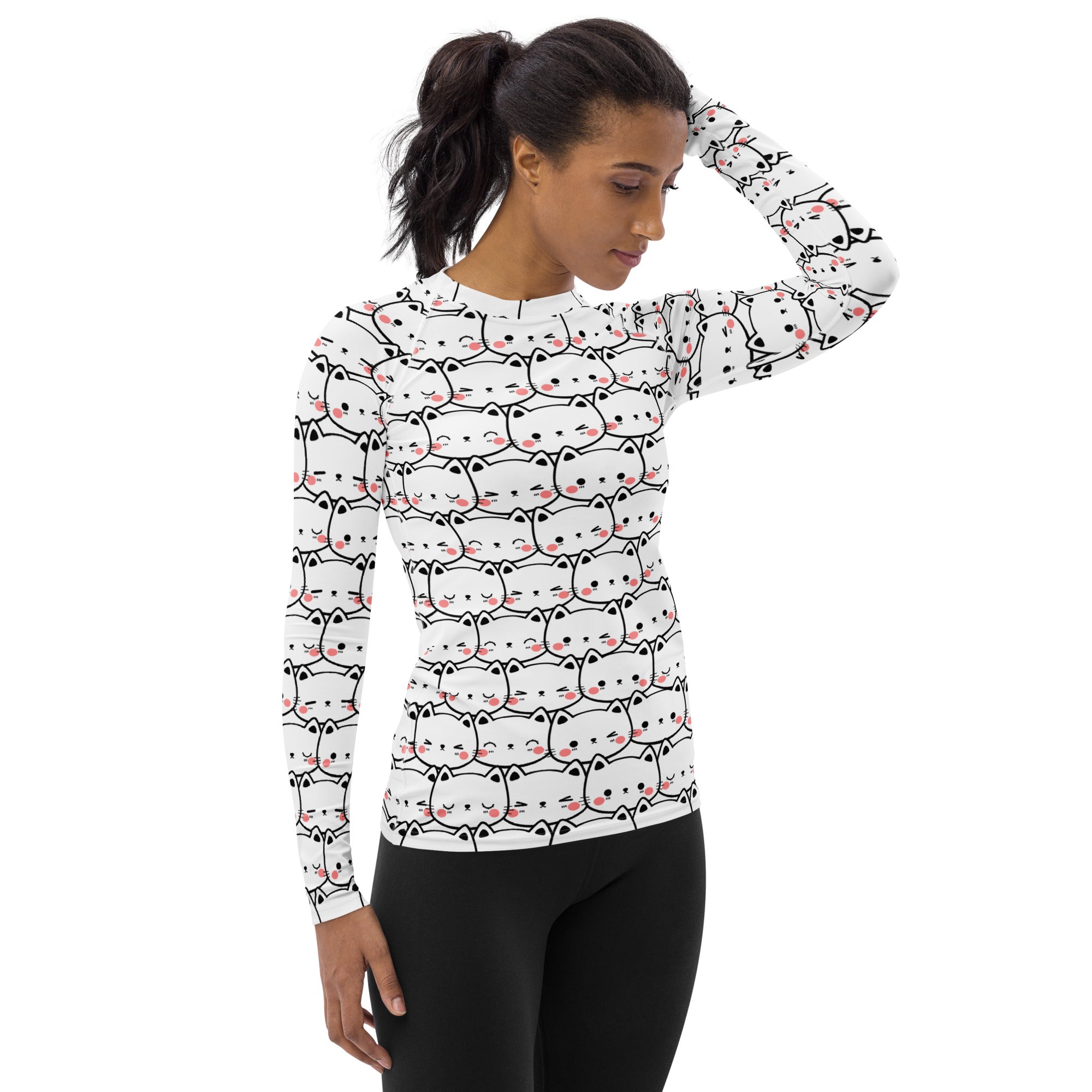 Women's Kawaii Cat Face Long Sleeve Rash Guard Swim Shirt – Buttery Soft, Sun Safe UPF 50+ Protection, Quick Dry & 4-Way Stretch Comfort