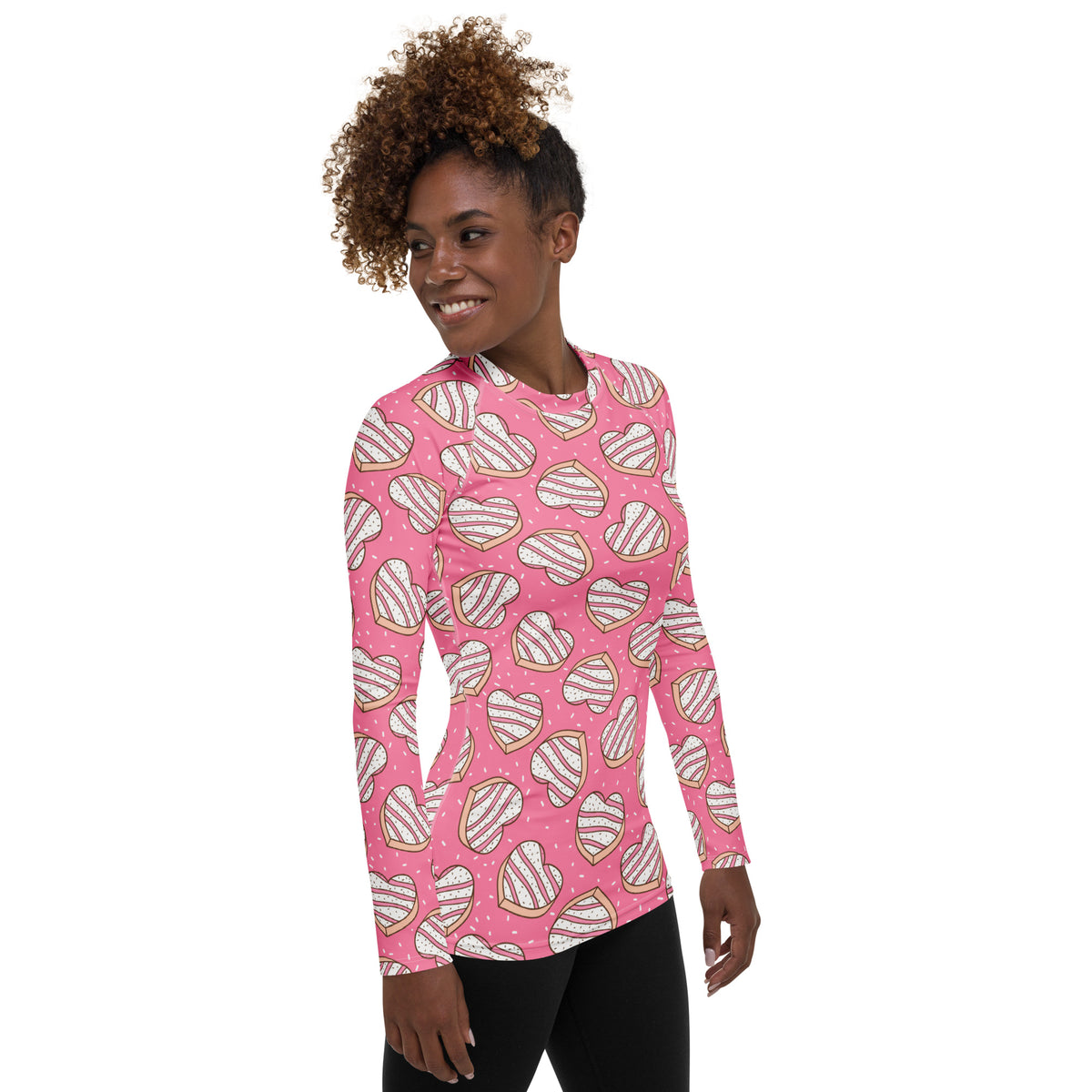 Women's Pink Heart Cookies Long Sleeve Rash Guard Swim Shirt – Buttery Soft, Sun Safe UPF 50+ Protection, Quick Dry & 4-Way Stretch Comfort