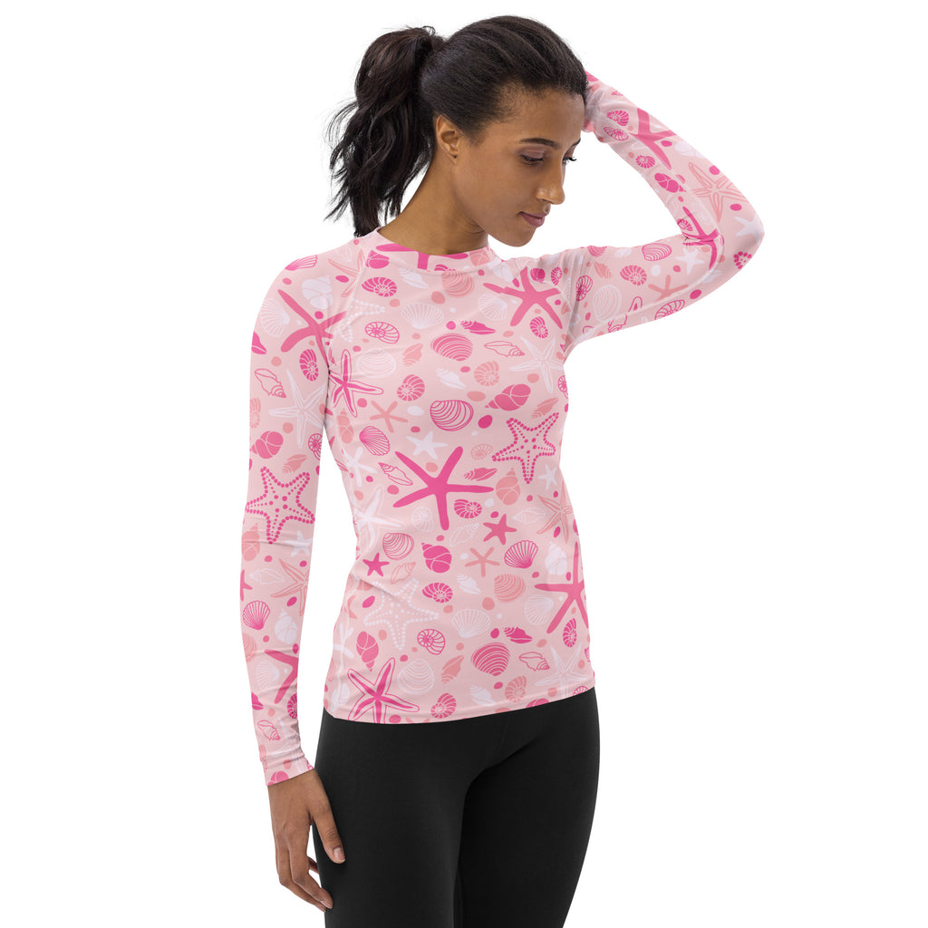 Women's Pink Starfish & Shells Long Sleeve Rash Guard Swim Shirt – Buttery Soft, Sun Safe UPF 50+ Protection, Quick Dry & 4-Way Stretch Comfort