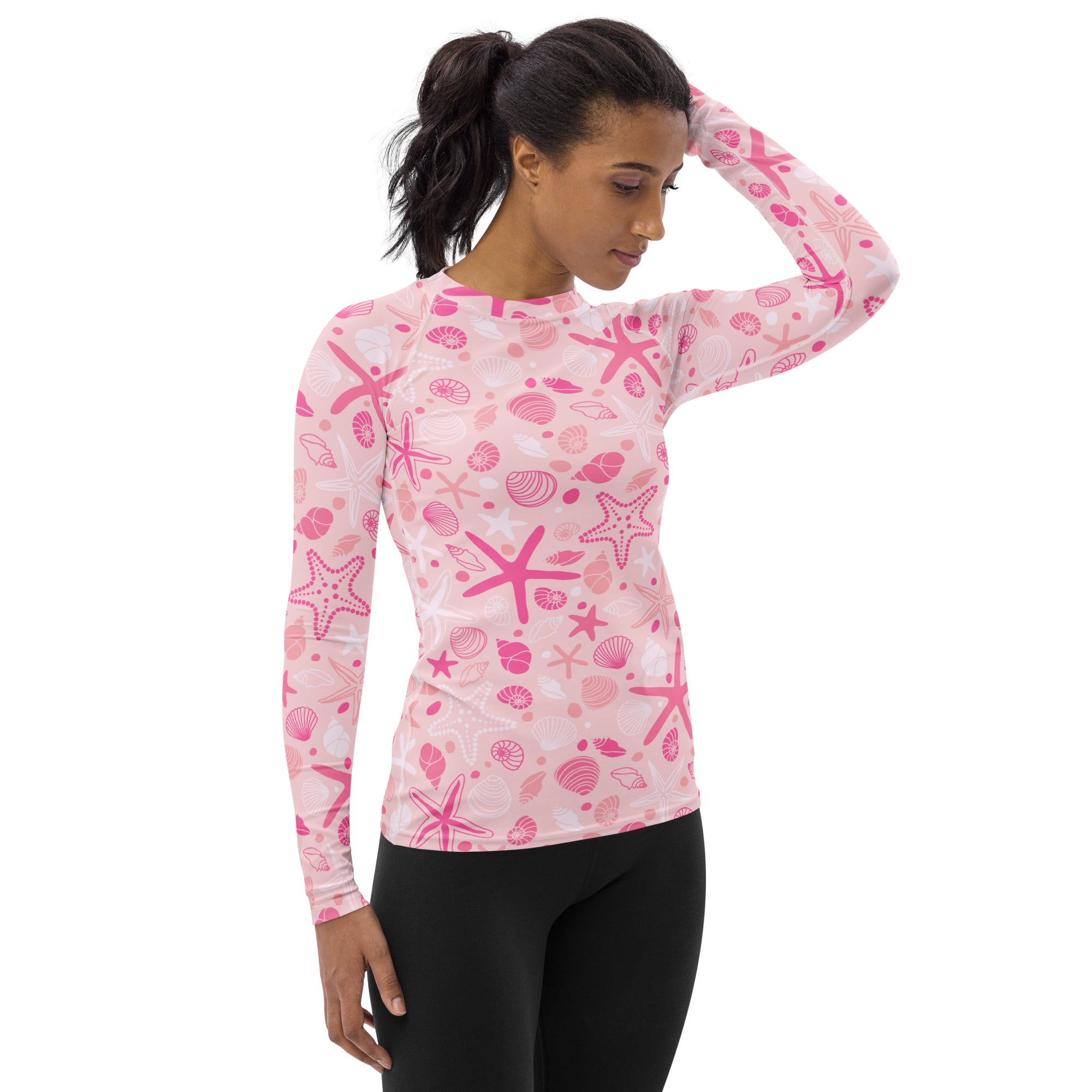 Women's Pink Starfish & Shells Long Sleeve Rash Guard Swim Shirt – Buttery Soft, Sun Safe UPF 50+ Protection, Quick Dry & 4-Way Stretch Comfort
