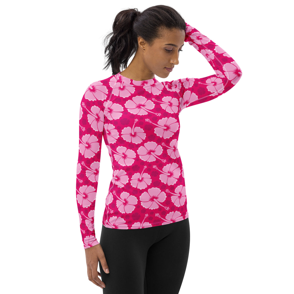 Women's Tropical Pink Hibiscus Long Sleeve Rash Guard Swim Shirt – Buttery Soft, Sun Safe UPF 50+ Protection, Quick Dry & 4-Way Stretch Comfort