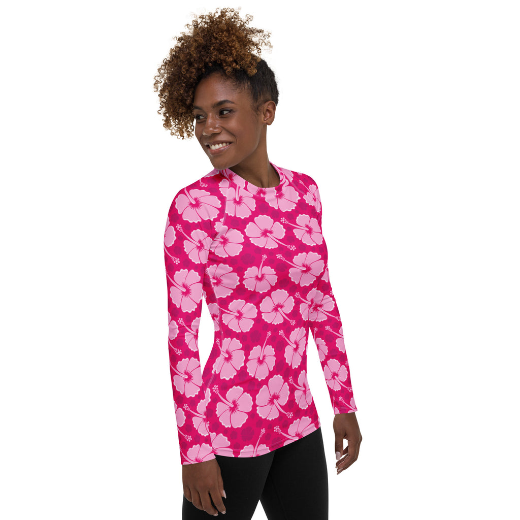 Women's Tropical Pink Hibiscus Long Sleeve Rash Guard Swim Shirt – Buttery Soft, Sun Safe UPF 50+ Protection, Quick Dry & 4-Way Stretch Comfort