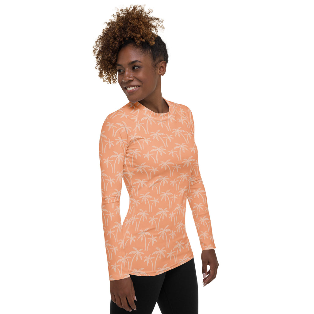 Women's Tropical Orange Palm Tree Long Sleeve Rash Guard Swim Shirt – Buttery Soft, Sun Safe UPF 50+ Protection, Quick Dry & 4-Way Stretch Comfort