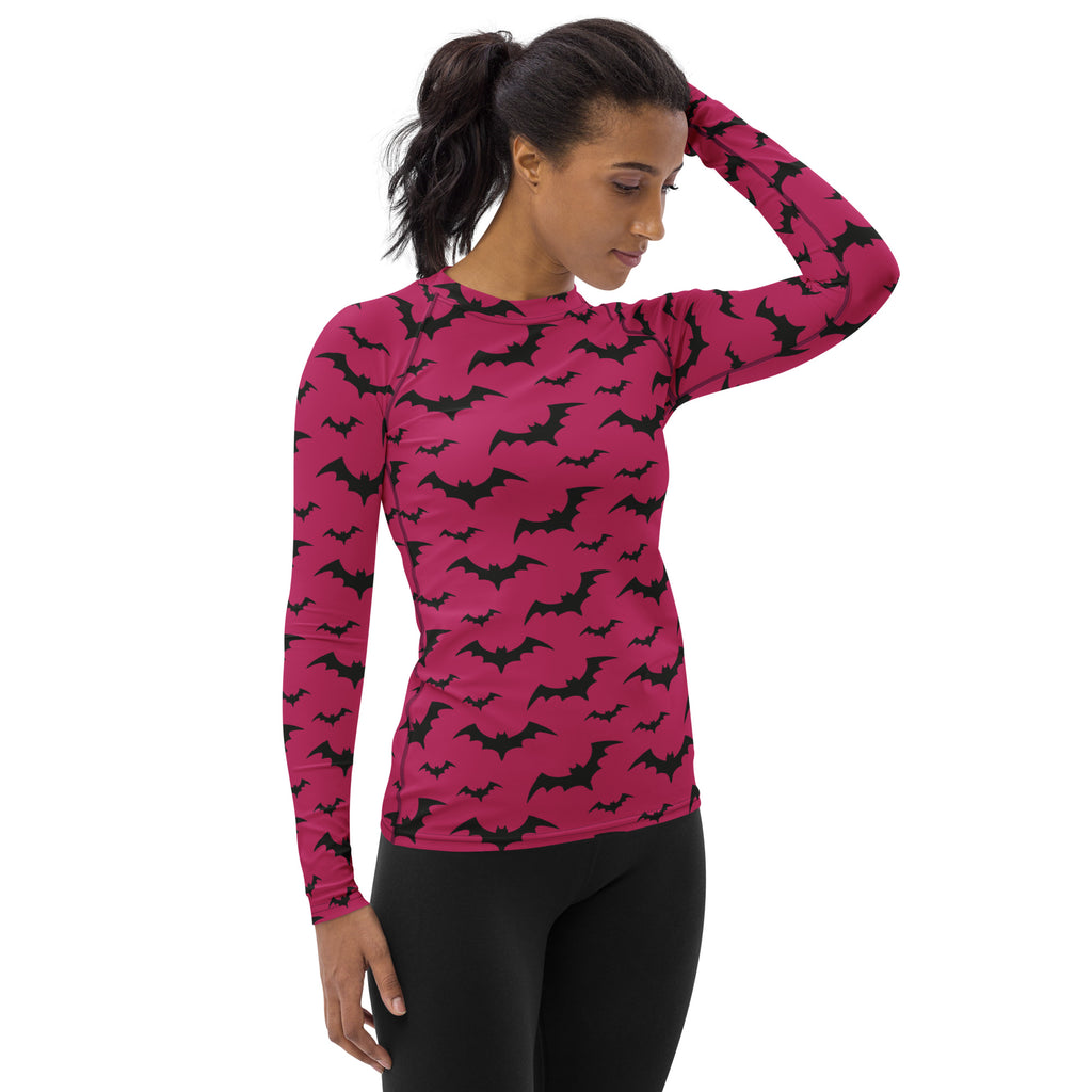 Women's Pink Bat Halloween Long Sleeve Rash Guard Swim Shirt – Buttery Soft, Sun Safe UPF 50+ Protection, Quick Dry & 4-Way Stretch Comfort