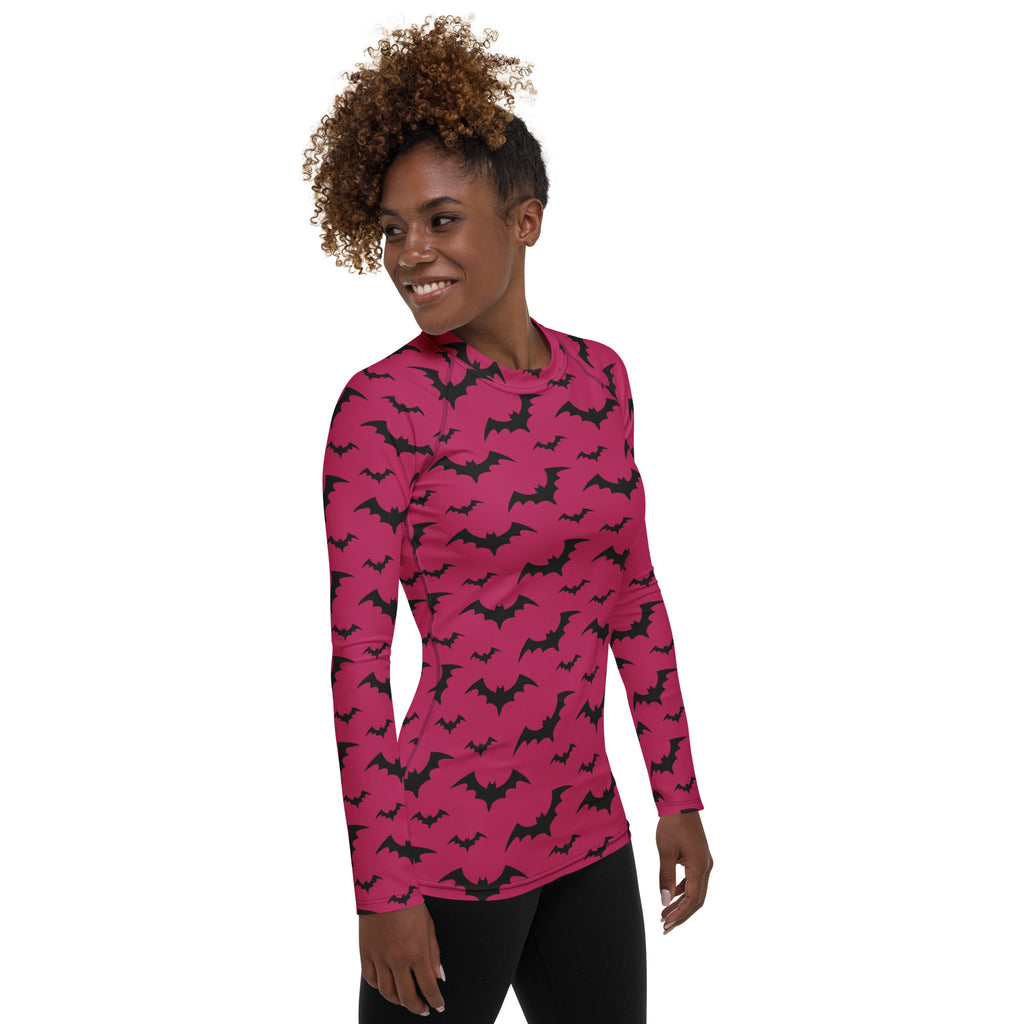 Women's Pink Bat Halloween Long Sleeve Rash Guard Swim Shirt – Buttery Soft, Sun Safe UPF 50+ Protection, Quick Dry & 4-Way Stretch Comfort
