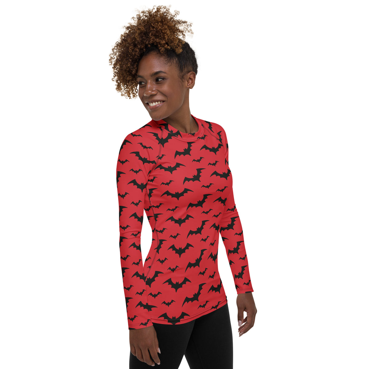Women's Red Bat Halloween Long Sleeve Rash Guard Swim Shirt – Buttery Soft, Sun Safe UPF 50+ Protection, Quick Dry & 4-Way Stretch Comfort