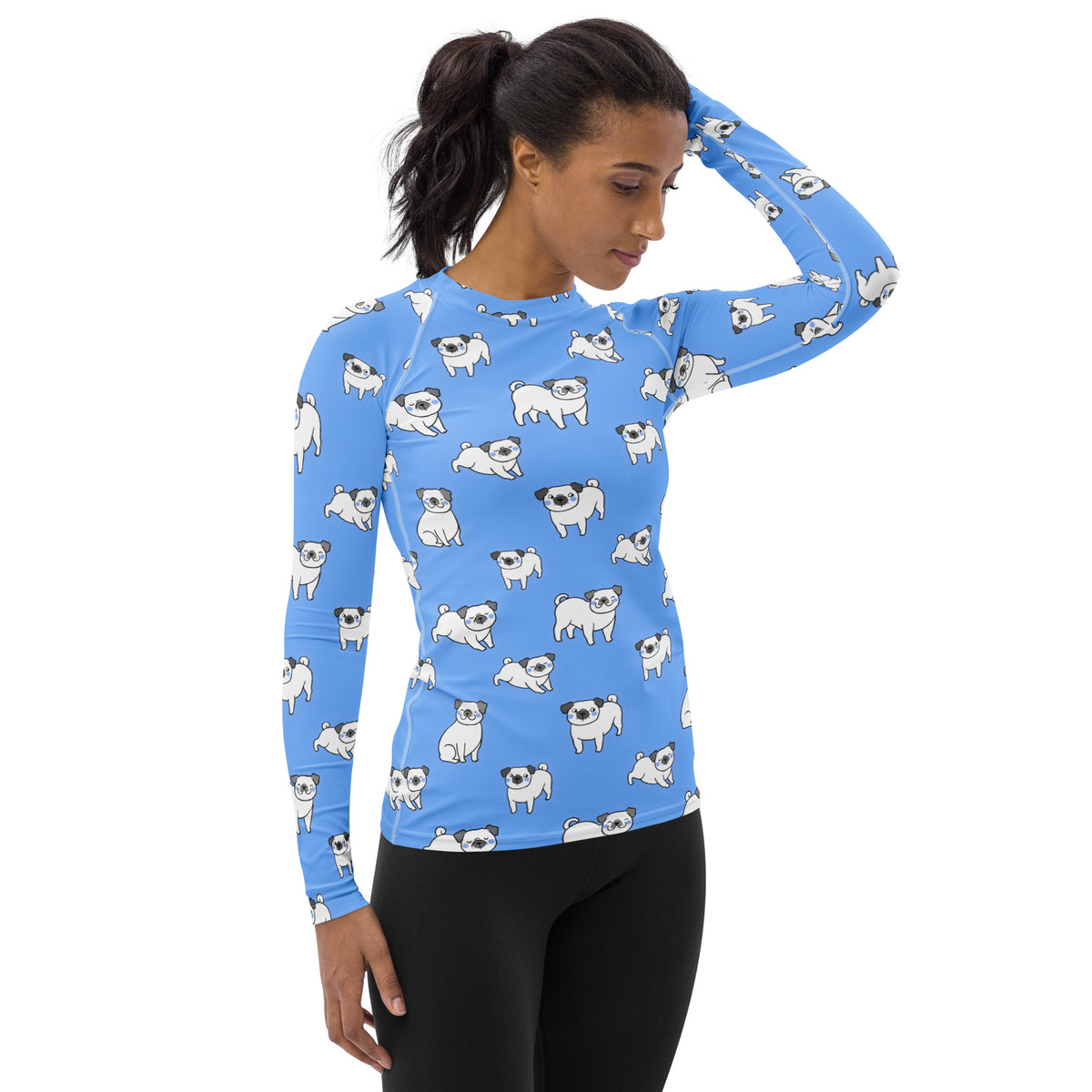 Women's Blue Pug Long Sleeve Rash Guard Swim Shirt – Buttery Soft, Sun Safe UPF 50+ Protection, Quick Dry & 4-Way Stretch Comfort