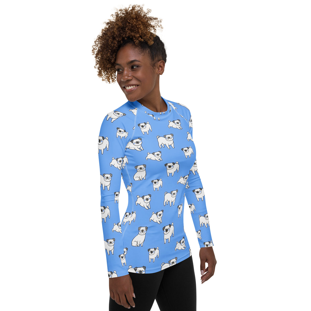 Women's Blue Pug Long Sleeve Rash Guard Swim Shirt – Buttery Soft, Sun Safe UPF 50+ Protection, Quick Dry & 4-Way Stretch Comfort