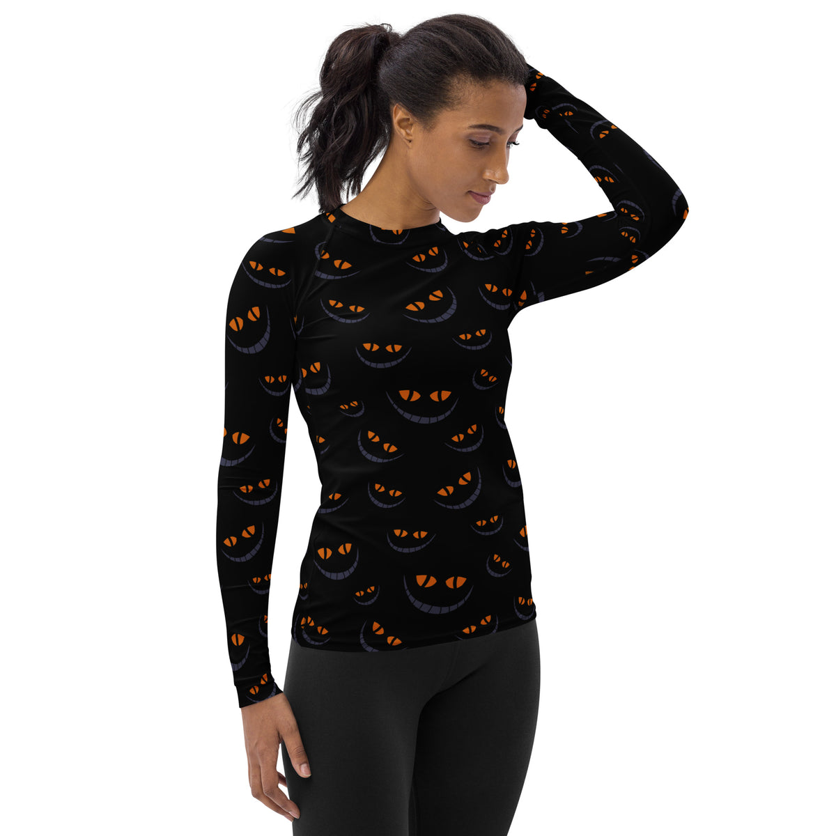 Women's Spooky Cat Smile Long Sleeve Rash Guard Swim Shirt – Buttery Soft, Sun Safe UPF 50+ Protection, Quick Dry & 4-Way Stretch Comfort