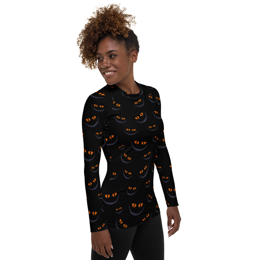 Women's Spooky Cat Smile Long Sleeve Rash Guard Swim Shirt – Buttery Soft, Sun Safe UPF 50+ Protection, Quick Dry & 4-Way Stretch Comfort