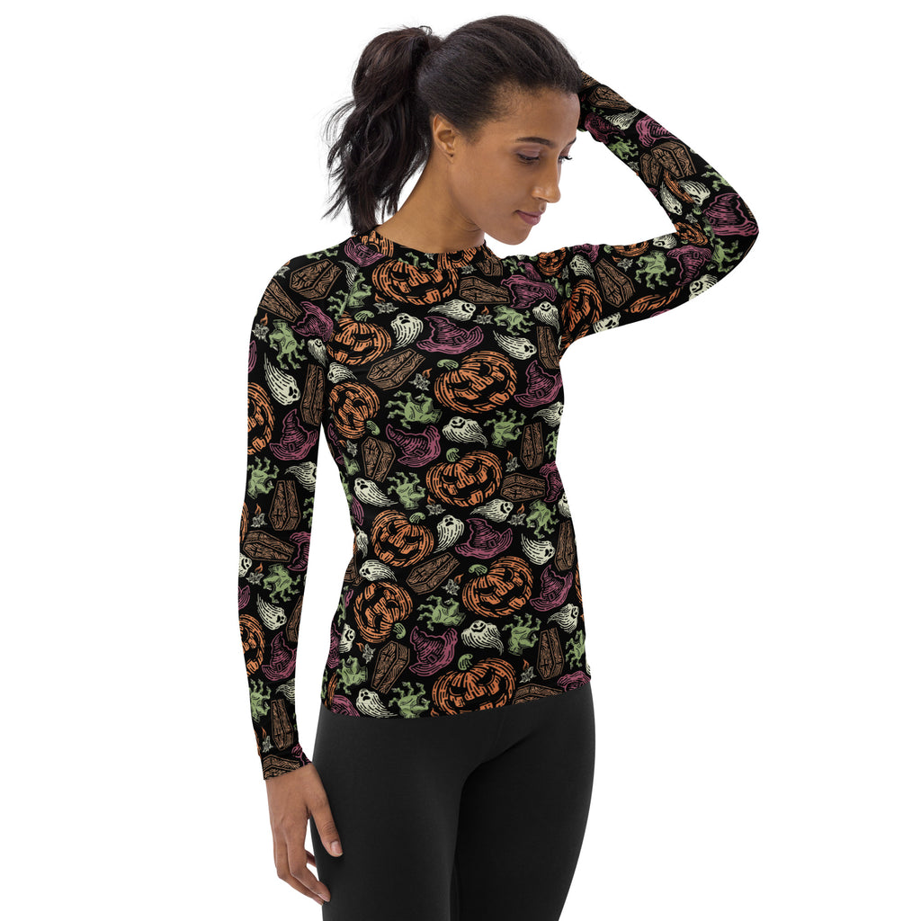 Women's Vintage Halloween Long Sleeve Rash Guard Swim Shirt – Buttery Soft, Sun Safe UPF 50+ Protection, Quick Dry & 4-Way Stretch Comfort