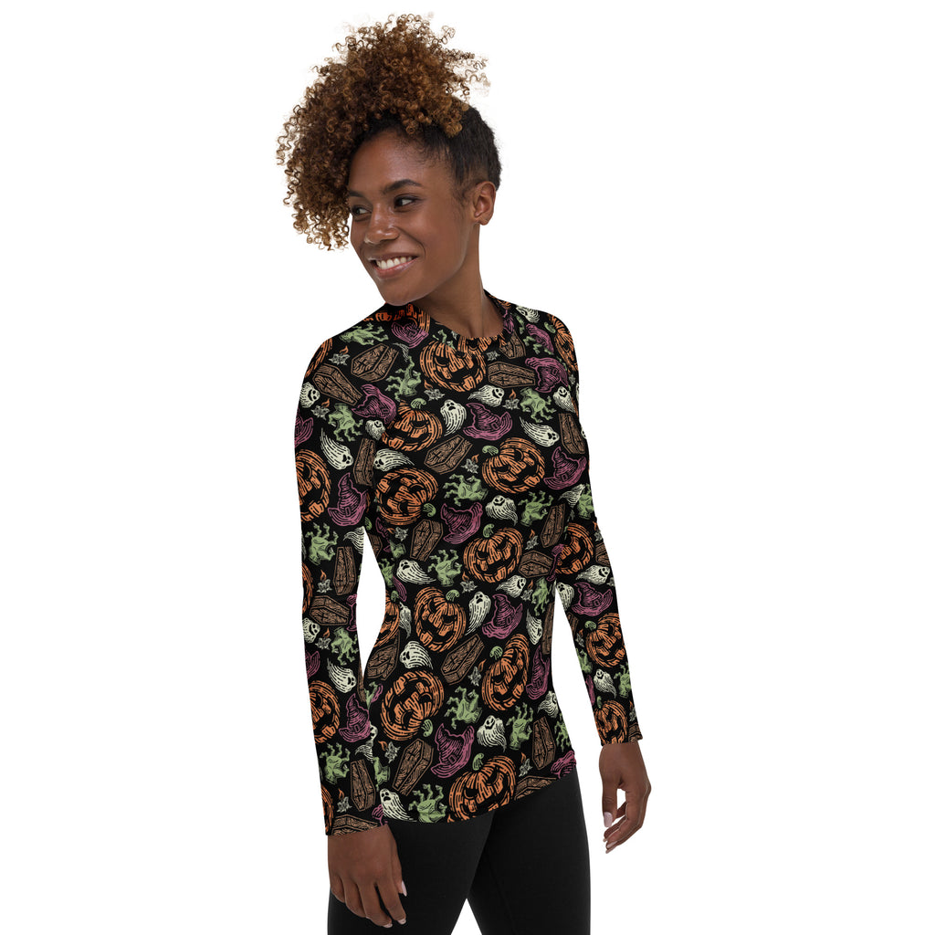 Women's Vintage Halloween Long Sleeve Rash Guard Swim Shirt – Buttery Soft, Sun Safe UPF 50+ Protection, Quick Dry & 4-Way Stretch Comfort