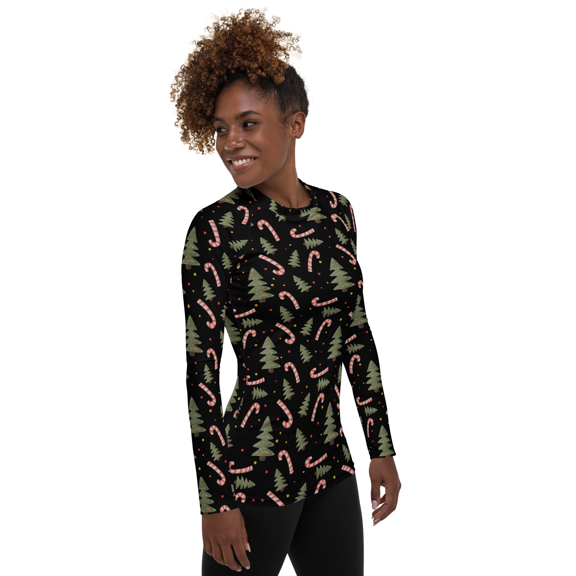 Women's Candy Cane Christmas Tree Long Sleeve Rash Guard Swim Shirt – Buttery Soft, Sun Safe UPF 50+ Protection, Quick Dry & 4-Way Stretch Comfort