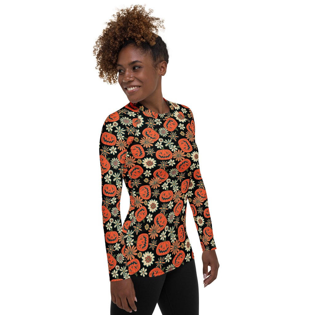 Women's Vintage Halloween Pumpkin Long Sleeve Rash Guard Swim Shirt – Buttery Soft, Sun Safe UPF 50+ Protection, Quick Dry & 4-Way Stretch Comfort