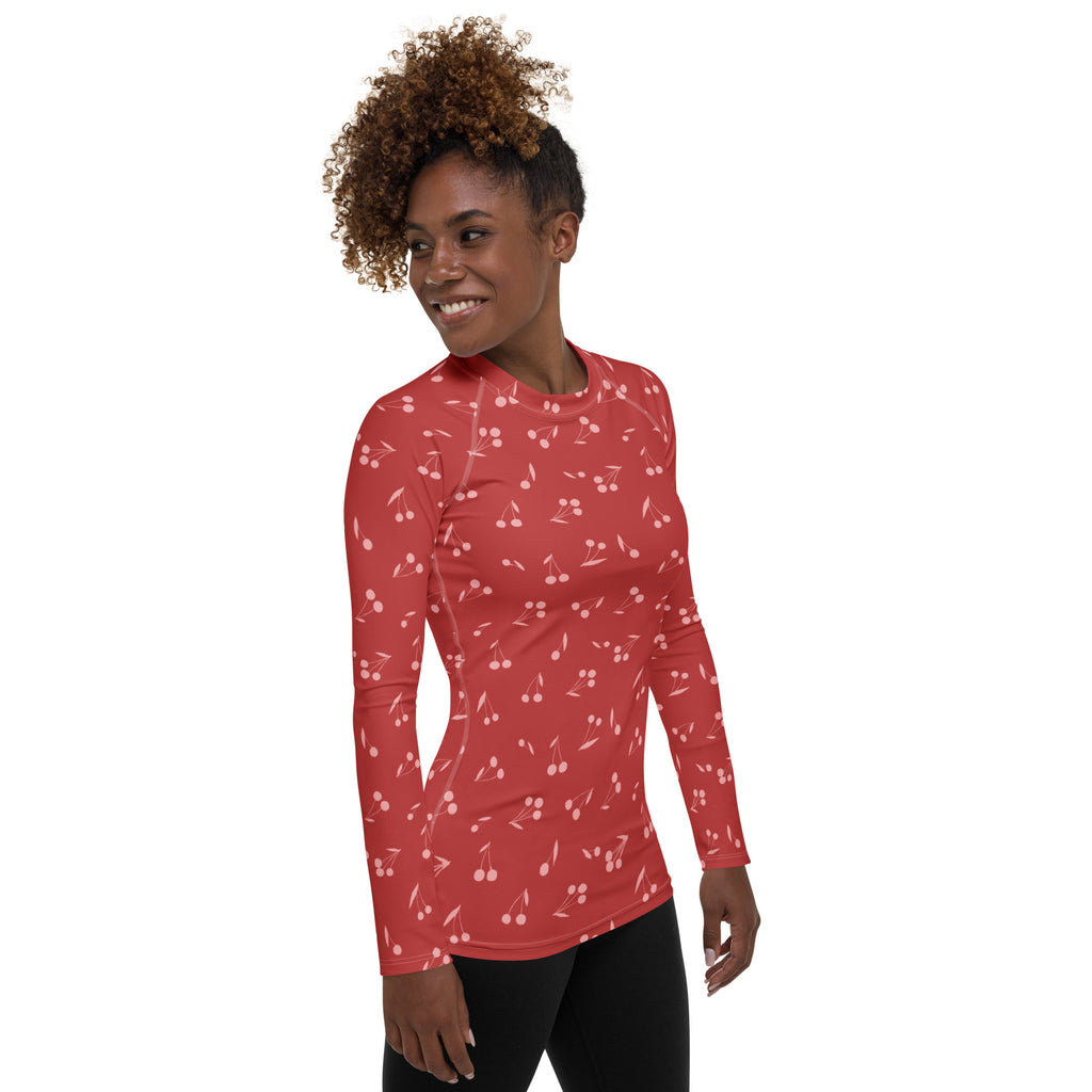 Women's Red Cherry Long Sleeve Rash Guard Swim Shirt – Buttery Soft, Sun Safe UPF 50+ Protection, Quick Dry & 4-Way Stretch Comfort