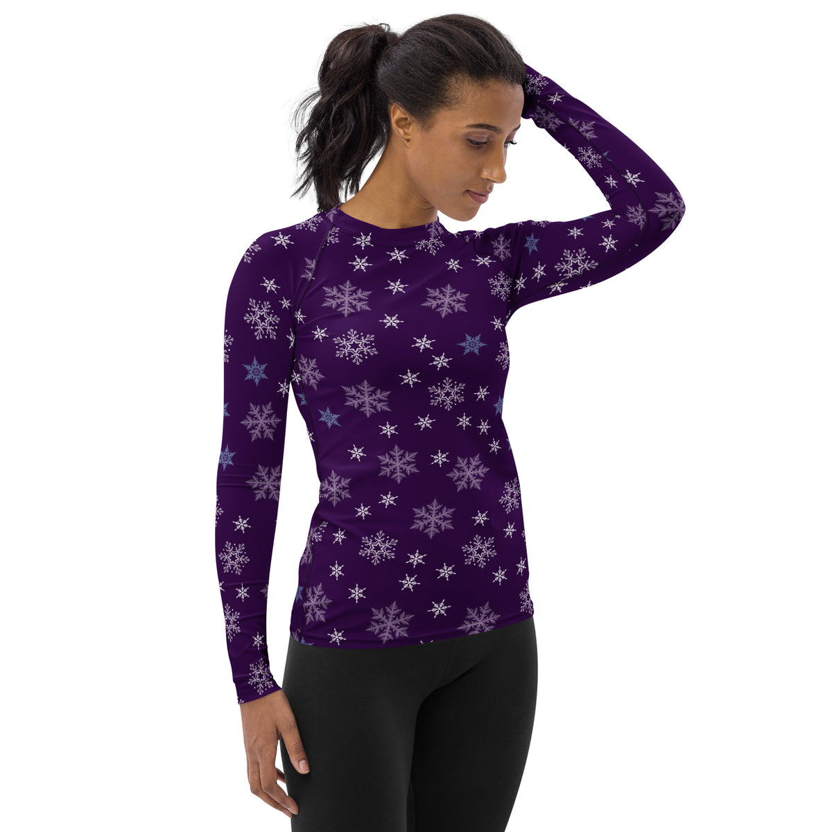 Women's Purple Snowflake Long Sleeve Rash Guard Swim Shirt – Buttery Soft, Sun Safe UPF 50+ Protection, Quick Dry & 4-Way Stretch Comfort