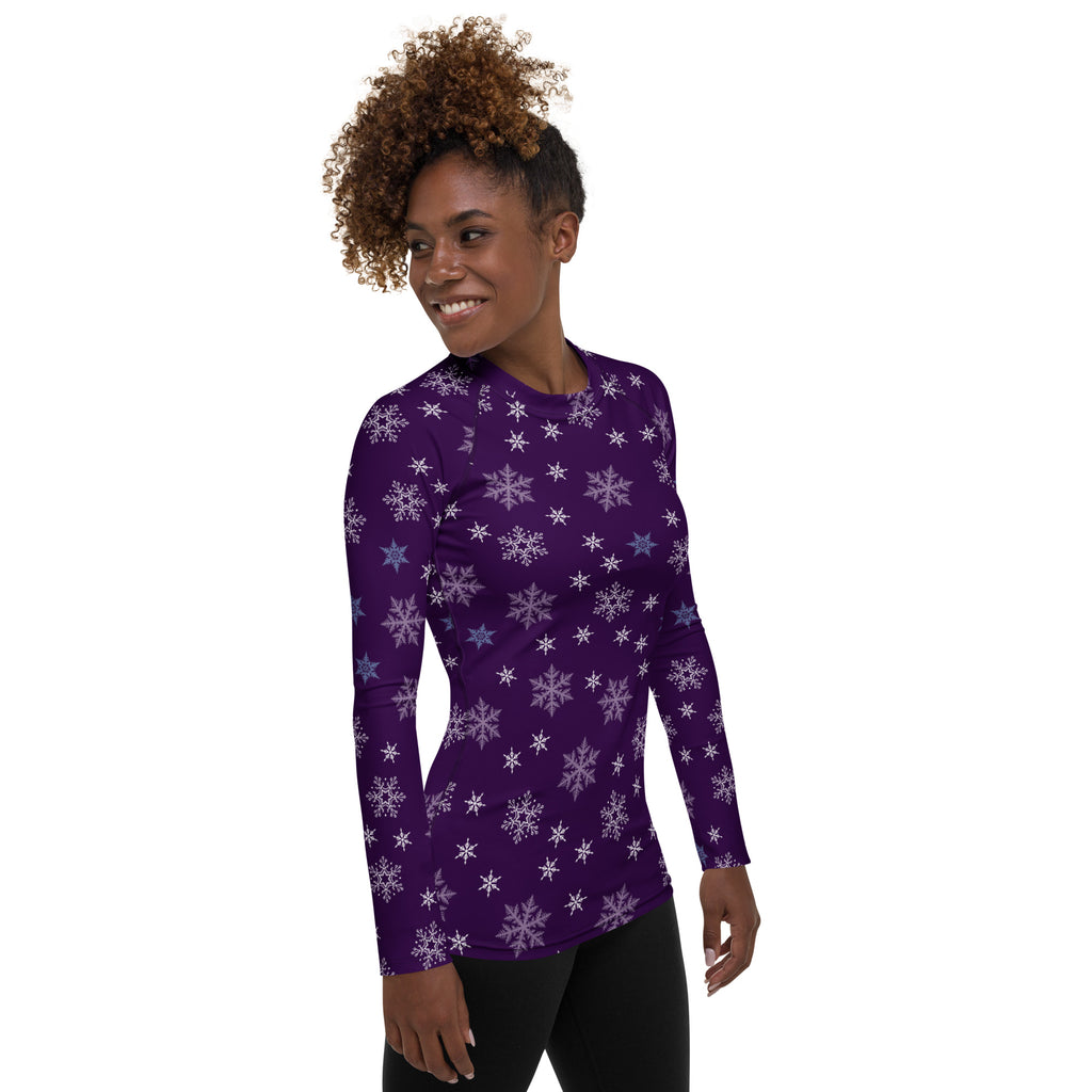Women's Purple Snowflake Long Sleeve Rash Guard Swim Shirt – Buttery Soft, Sun Safe UPF 50+ Protection, Quick Dry & 4-Way Stretch Comfort