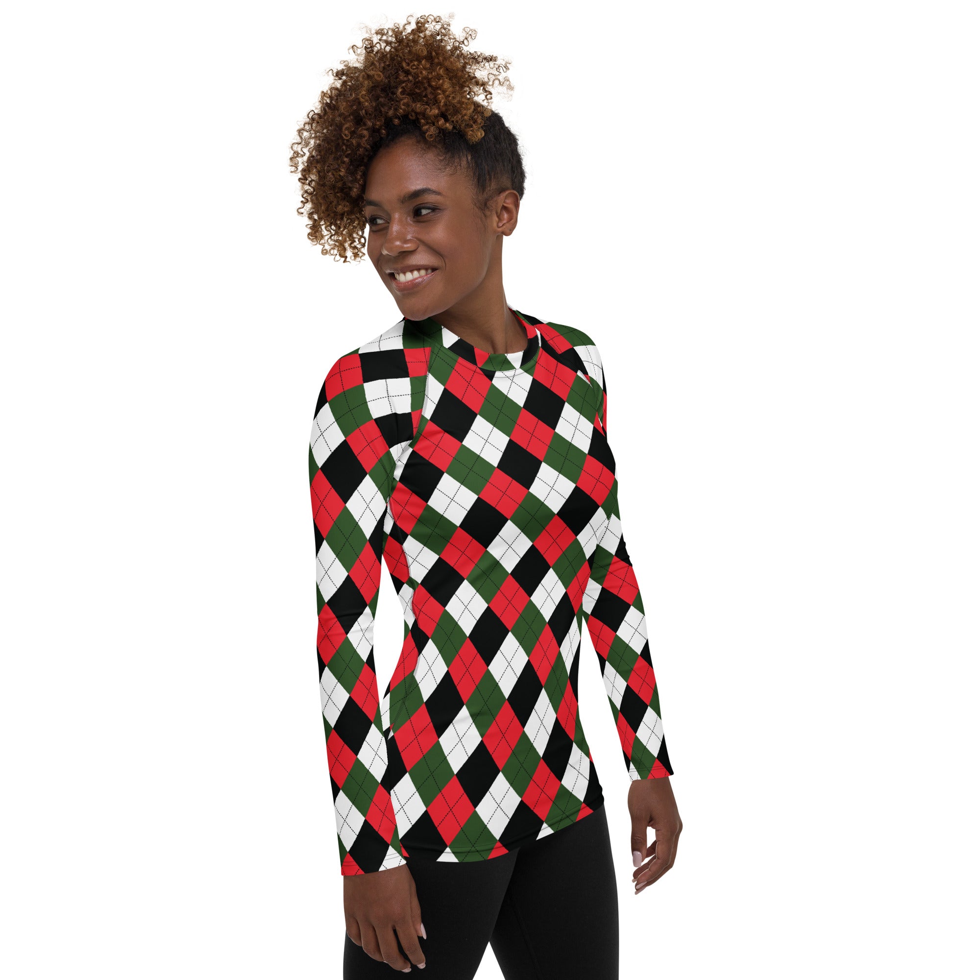 Women's Christmas Argyle Long Sleeve Rash Guard Swim Shirt – Buttery Soft, Sun Safe UPF 50+ Protection, Quick Dry & 4-Way Stretch Comfort