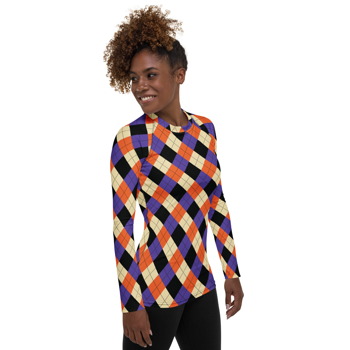 Women's Halloween Argyle Long Sleeve Rash Guard Swim Shirt – Buttery Soft, Sun Safe UPF 50+ Protection, Quick Dry & 4-Way Stretch Comfort