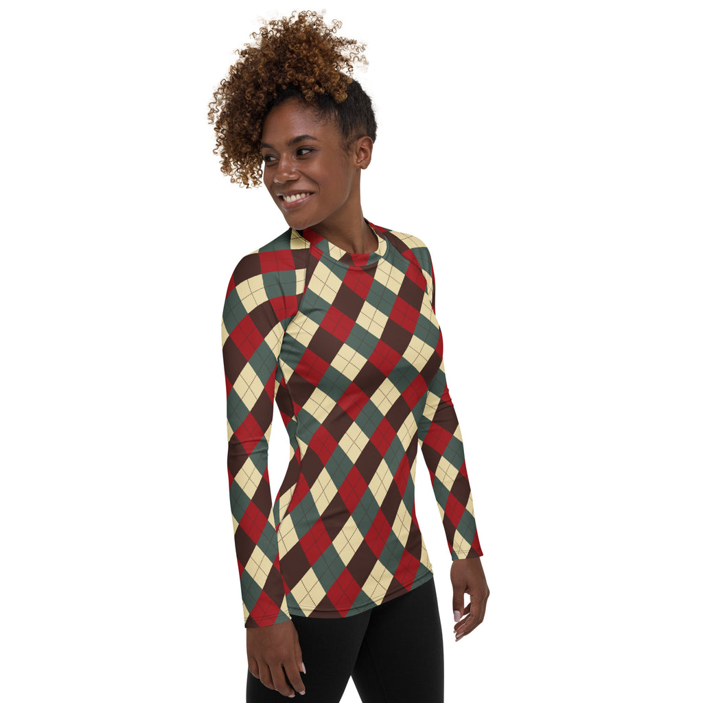 Women's Red Green Brown Christmas Argyle Long Sleeve Rash Guard Swim Shirt – Buttery Soft, Sun Safe UPF 50+ Protection, Quick Dry & 4-Way Stretch Comfort