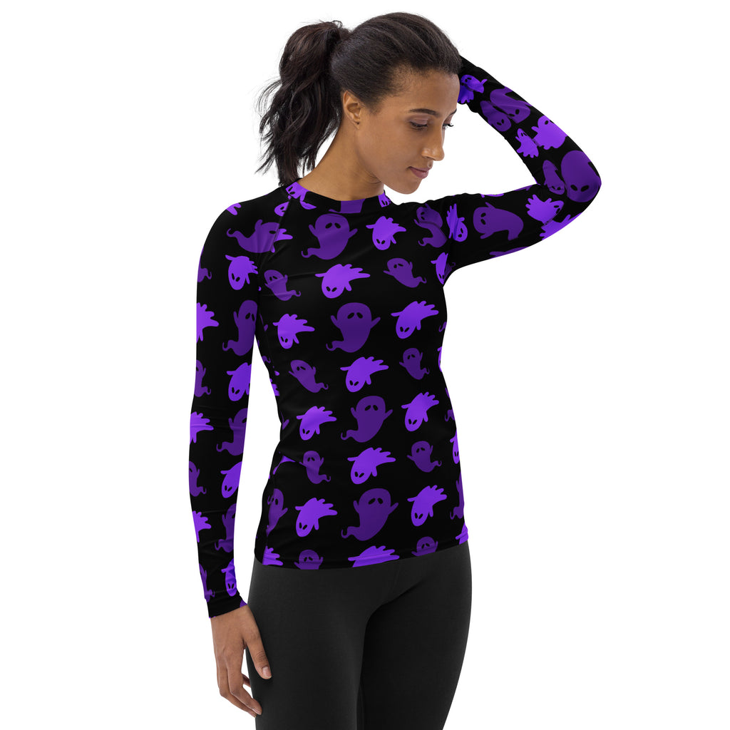 Women's Purple Ghost Halloween Long Sleeve Rash Guard Swim Shirt – Buttery Soft, Sun Safe UPF 50+ Protection, Quick Dry & 4-Way Stretch Comfort