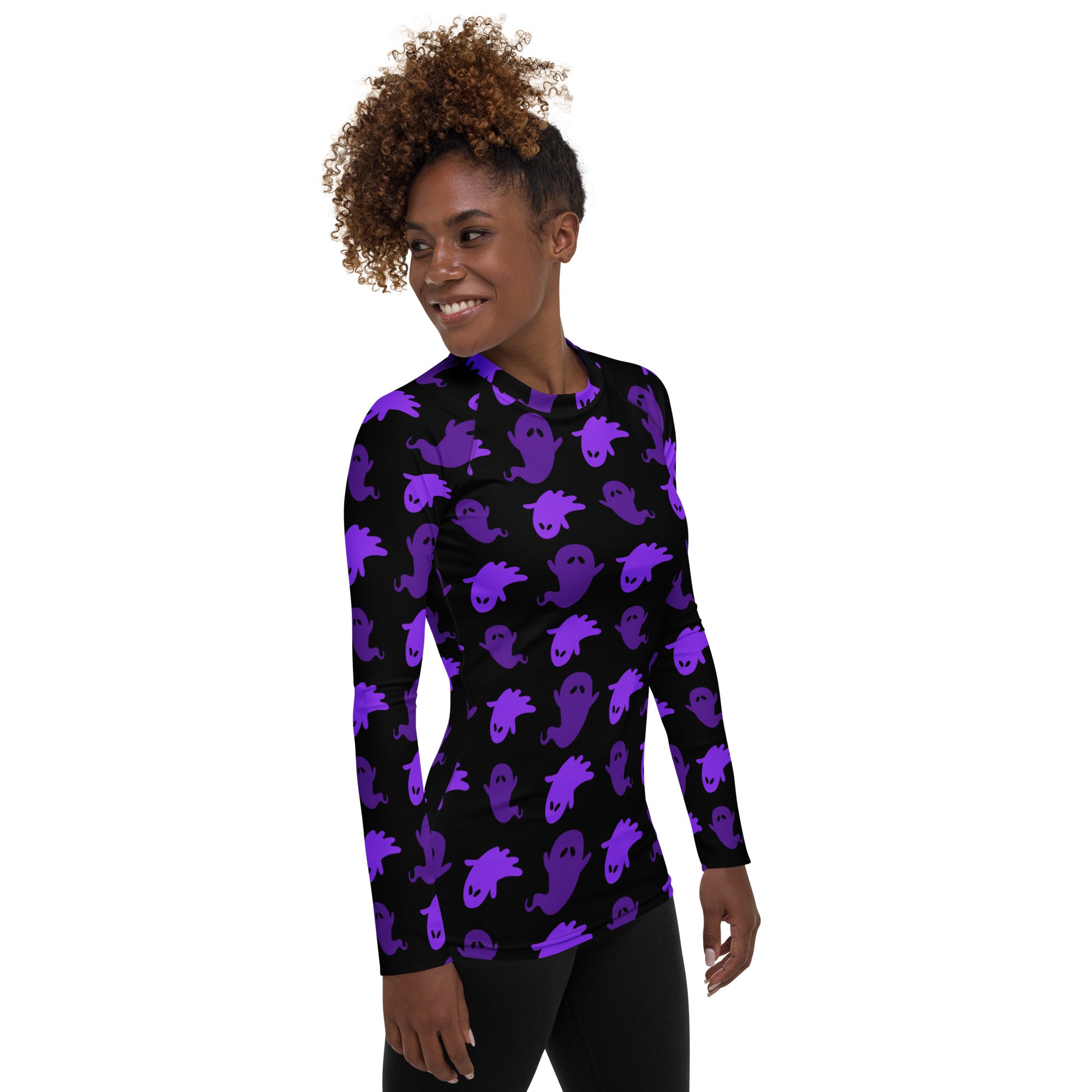 Women's Purple Ghost Halloween Long Sleeve Rash Guard Swim Shirt – Buttery Soft, Sun Safe UPF 50+ Protection, Quick Dry & 4-Way Stretch Comfort