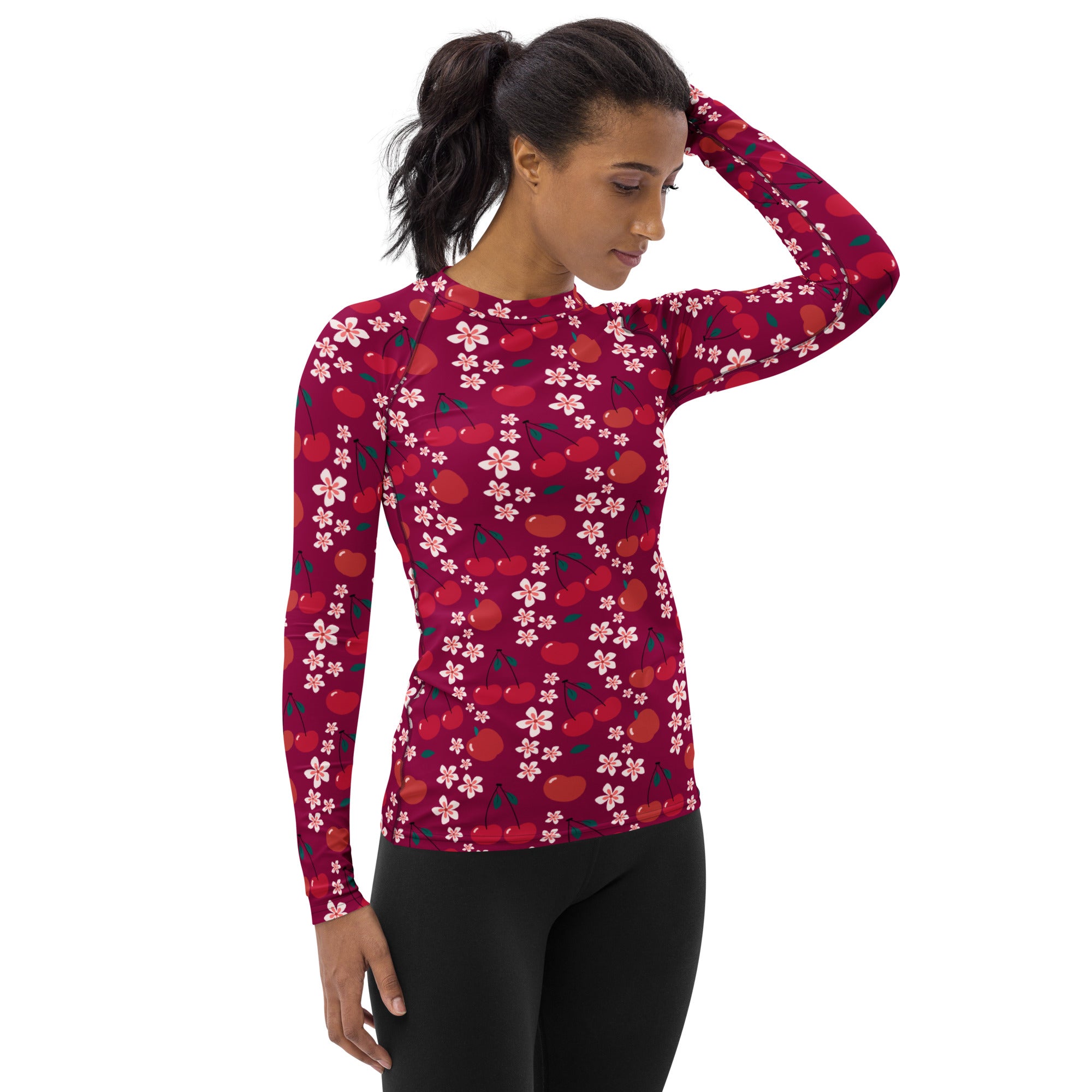 Women's Burgundy Cherry Floral Long Sleeve Rash Guard Swim Shirt – Buttery Soft, Sun Safe UPF 50+ Protection, Quick Dry & 4-Way Stretch Comfort