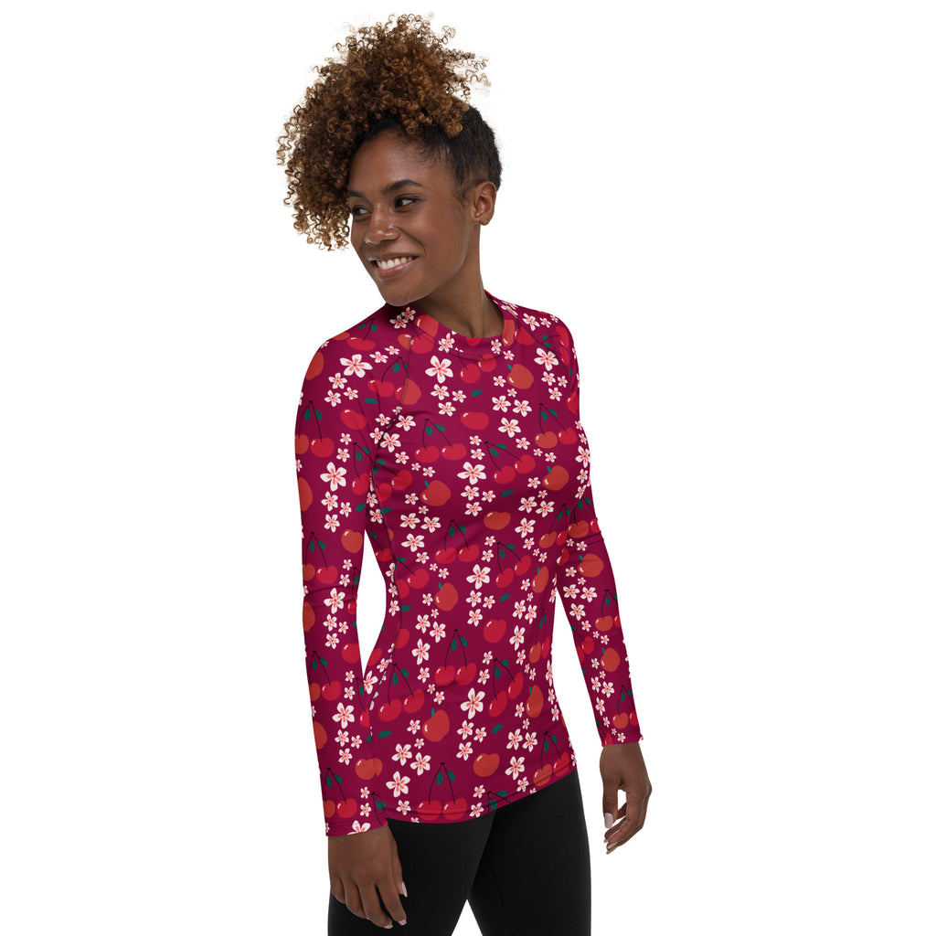 Women's Burgundy Cherry Floral Long Sleeve Rash Guard Swim Shirt – Buttery Soft, Sun Safe UPF 50+ Protection, Quick Dry & 4-Way Stretch Comfort