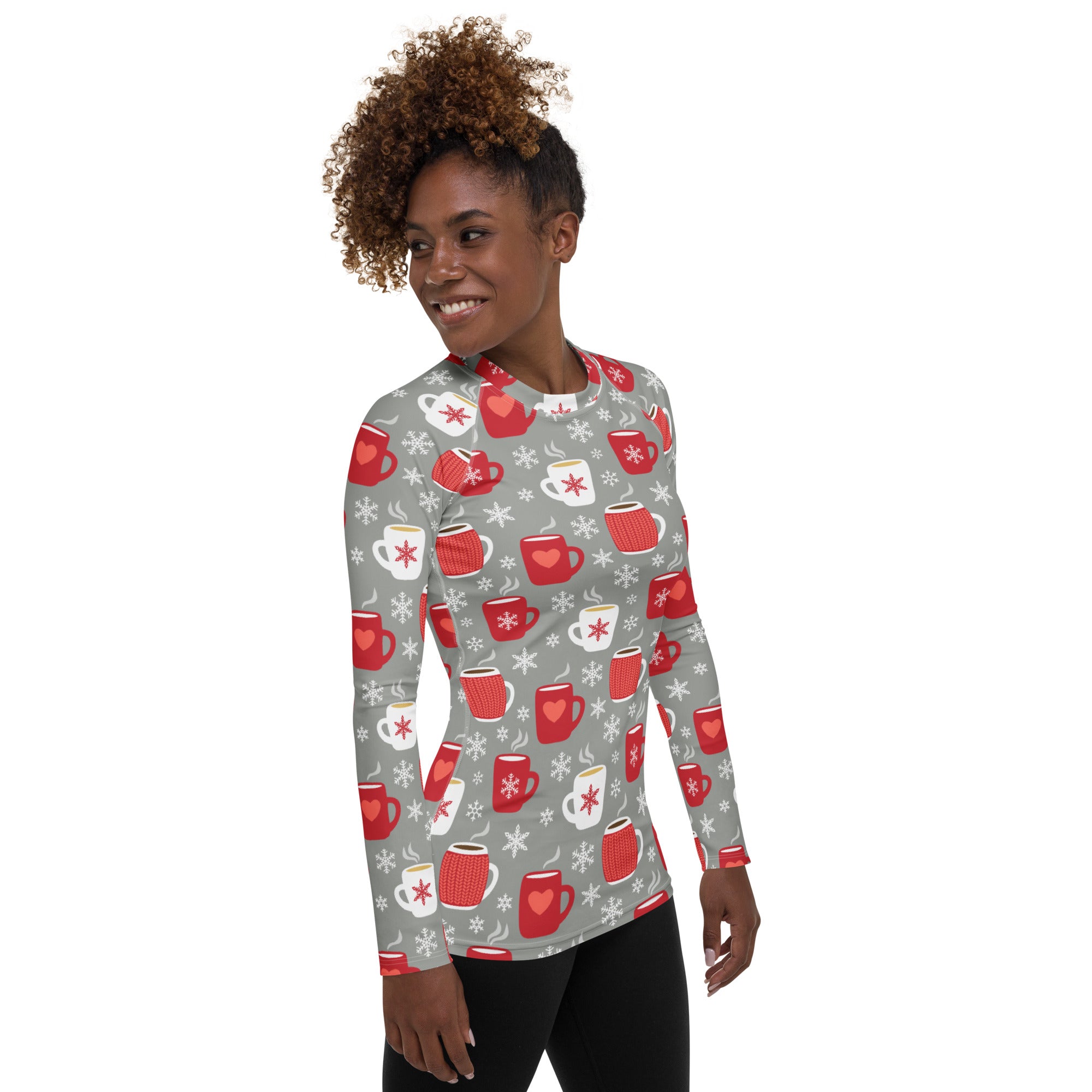 Women's Christmas Coffee Long Sleeve Rash Guard Swim Shirt – Buttery Soft, Sun Safe UPF 50+ Protection, Quick Dry & 4-Way Stretch Comfort