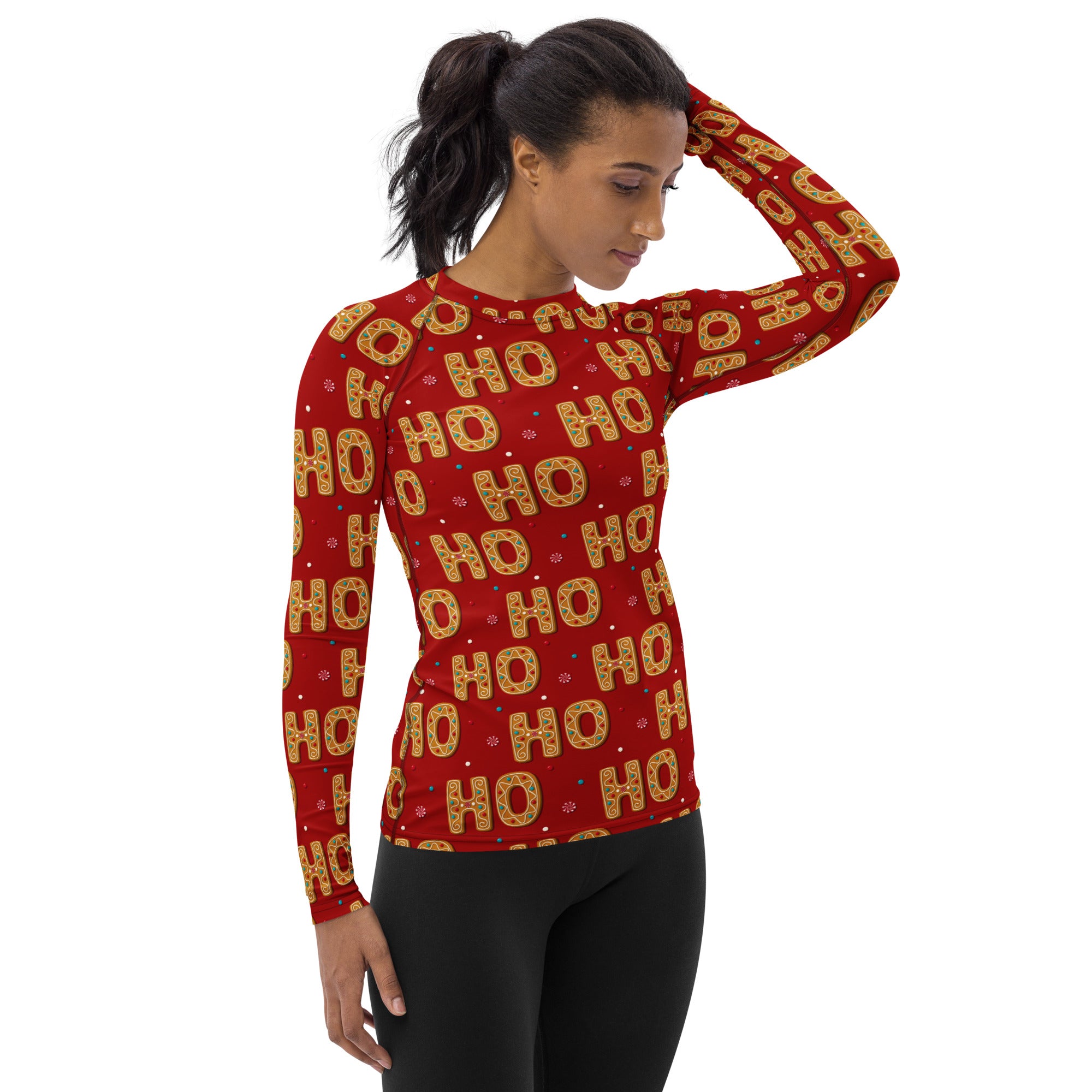 Women's Gingerbread Ho Ho Ho Christmas Long Sleeve Rash Guard Swim Shirt – Buttery Soft, Sun Safe UPF 50+ Protection, Quick Dry & 4-Way Stretch Comfort