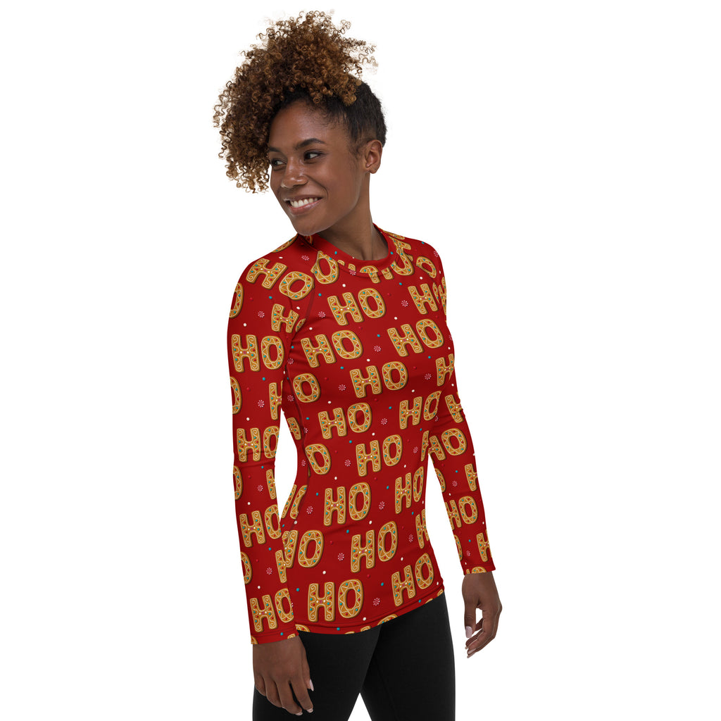 Women's Gingerbread Ho Ho Ho Christmas Long Sleeve Rash Guard Swim Shirt – Buttery Soft, Sun Safe UPF 50+ Protection, Quick Dry & 4-Way Stretch Comfort