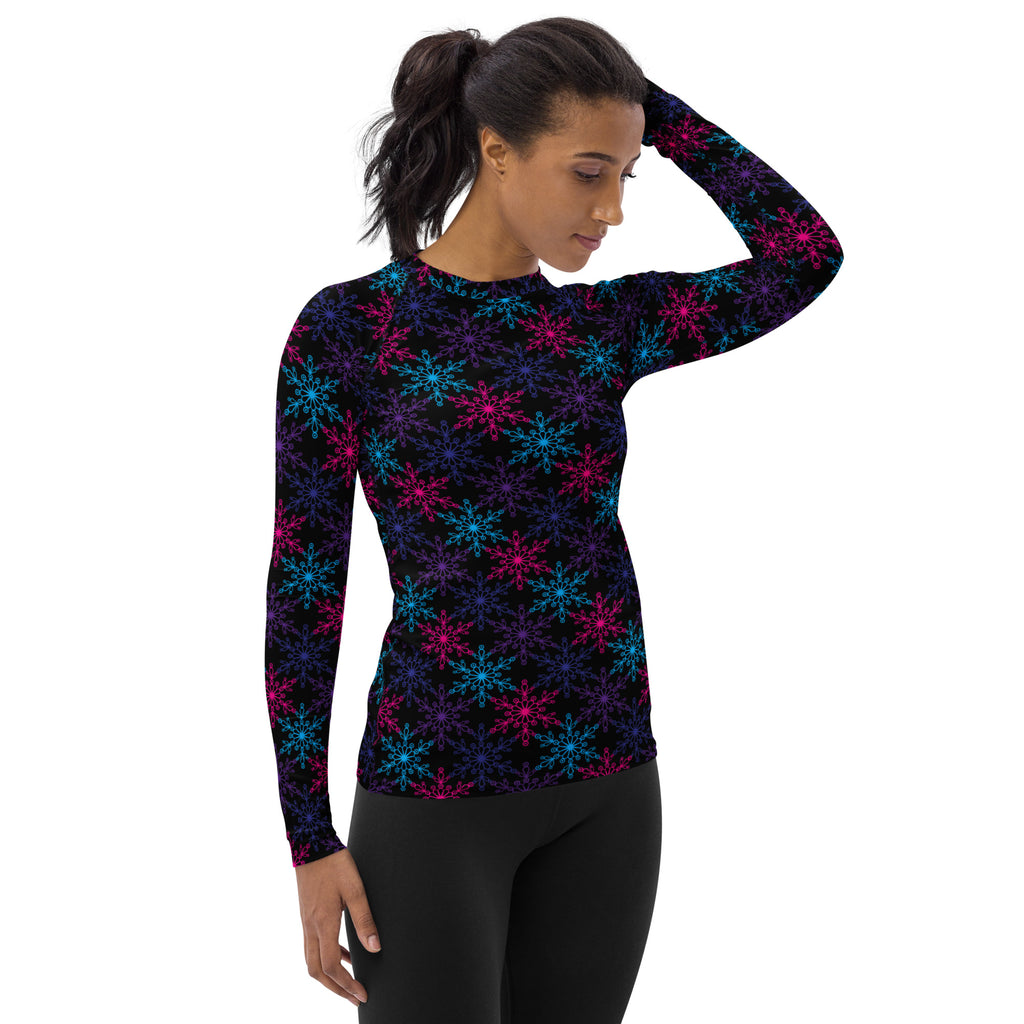 Women's Neon Snowflake Long Sleeve Rash Guard Swim Shirt – Buttery Soft, Sun Safe UPF 50+ Protection, Quick Dry & 4-Way Stretch Comfort