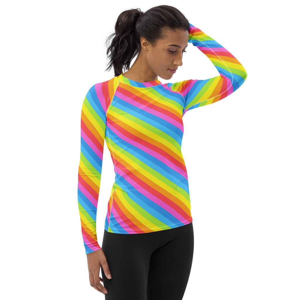 Women's Rainbow Stripe Long Sleeve Rash Guard Swim Shirt – Buttery Soft, Sun Safe UPF 50+ Protection, Quick Dry & 4-Way Stretch Comfort
