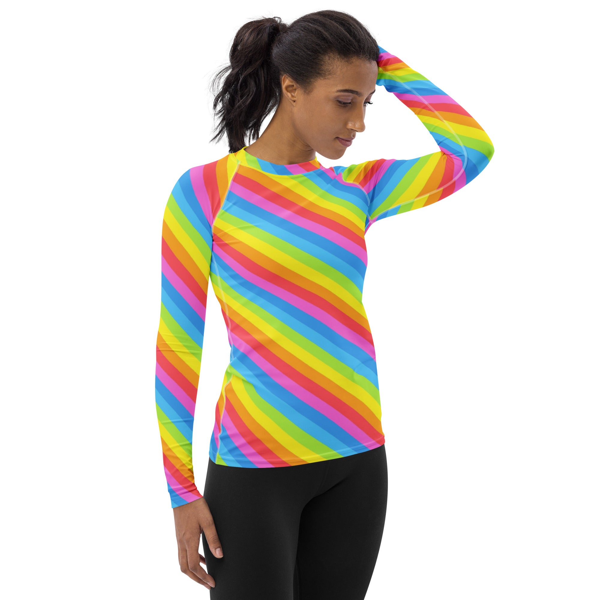 Women's Rainbow Stripe Long Sleeve Rash Guard Swim Shirt – Buttery Soft, Sun Safe UPF 50+ Protection, Quick Dry & 4-Way Stretch Comfort