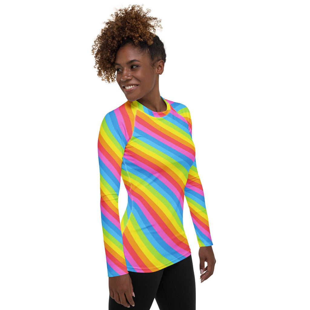 Women's Rainbow Stripe Long Sleeve Rash Guard Swim Shirt – Buttery Soft, Sun Safe UPF 50+ Protection, Quick Dry & 4-Way Stretch Comfort