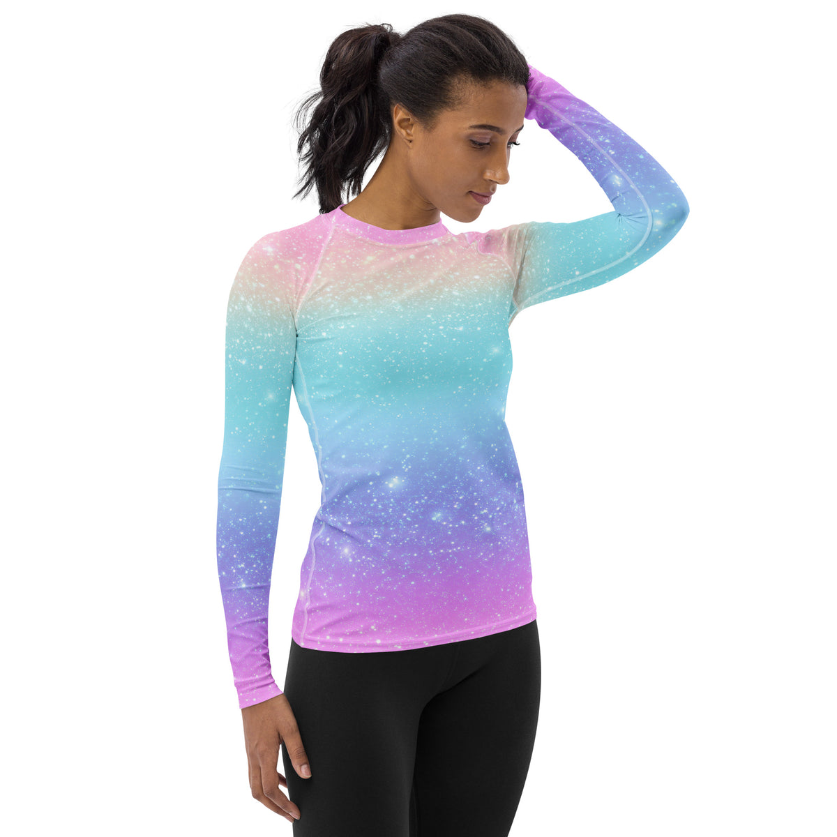 Women's Faux Sparkle Effect Long Sleeve Rash Guard Swim Shirt – Buttery Soft, Sun Safe UPF 50+ Protection, Quick Dry & 4-Way Stretch Comfort