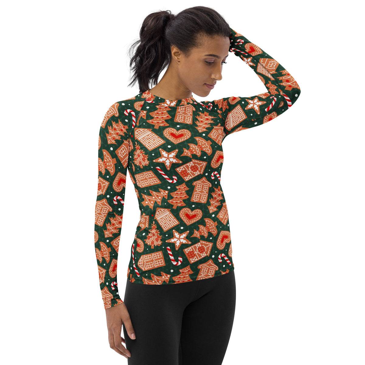 Women's Green Gingerbread Cookie Long Sleeve Rash Guard Swim Shirt – Buttery Soft, Sun Safe UPF 50+ Protection, Quick Dry & 4-Way Stretch Comfort