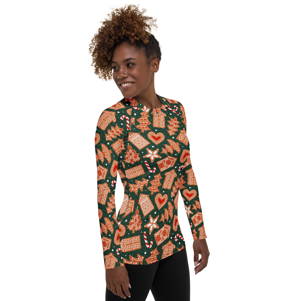 Women's Green Gingerbread Cookie Long Sleeve Rash Guard Swim Shirt – Buttery Soft, Sun Safe UPF 50+ Protection, Quick Dry & 4-Way Stretch Comfort