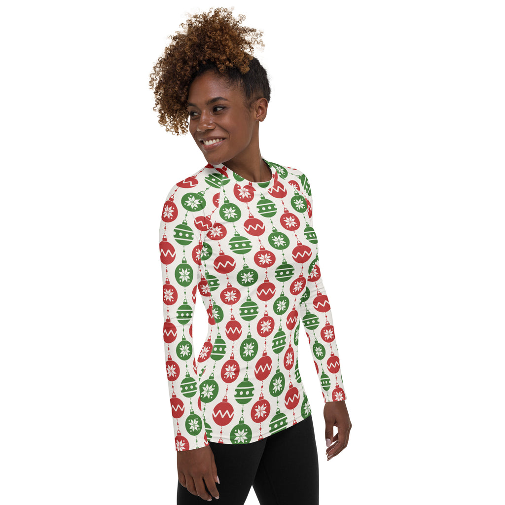 Women's Christmas Ornament Long Sleeve Rash Guard Swim Shirt – Buttery Soft, Sun Safe UPF 50+ Protection, Quick Dry & 4-Way Stretch Comfort