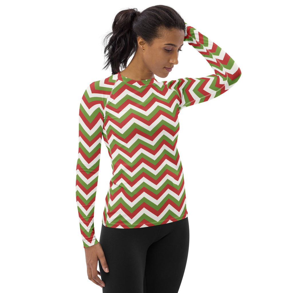 Women's Christmas Chevron Long Sleeve Rash Guard Swim Shirt – Buttery Soft, Sun Safe UPF 50+ Protection, Quick Dry & 4-Way Stretch Comfort