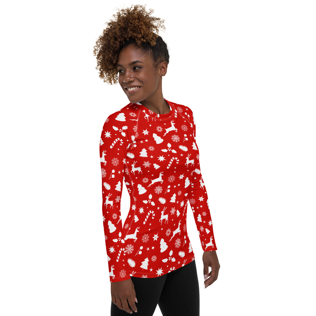 Women's Red Christmas Long Sleeve Rash Guard Swim Shirt – Buttery Soft, Sun Safe UPF 50+ Protection, Quick Dry & 4-Way Stretch Comfort