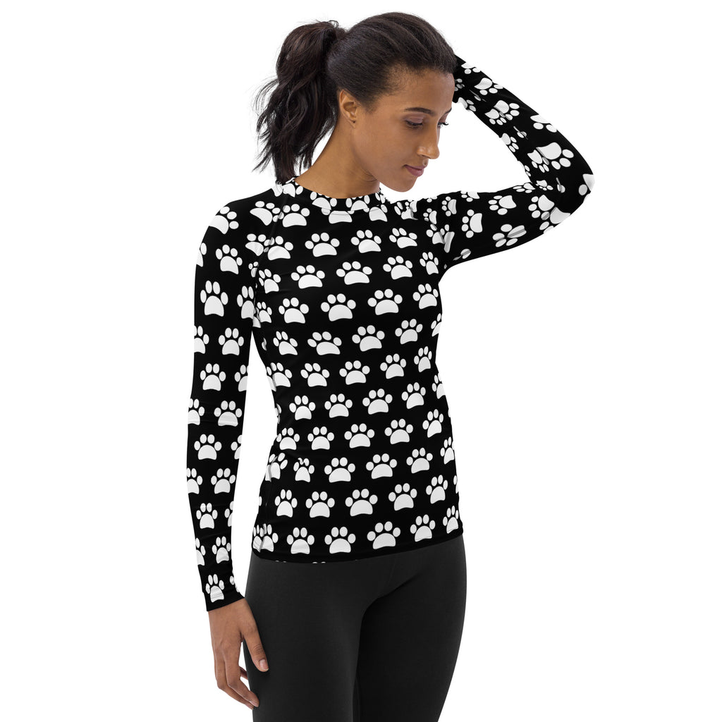 Women's Black Paw Print Long Sleeve Rash Guard Swim Shirt – Buttery Soft, Sun Safe UPF 50+ Protection, Quick Dry & 4-Way Stretch Comfort