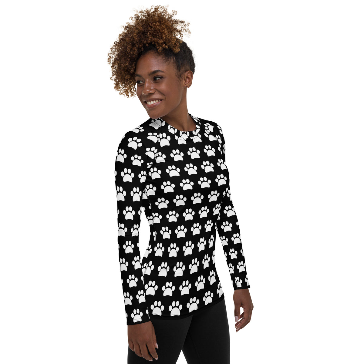 Women's Black Paw Print Long Sleeve Rash Guard Swim Shirt – Buttery Soft, Sun Safe UPF 50+ Protection, Quick Dry & 4-Way Stretch Comfort