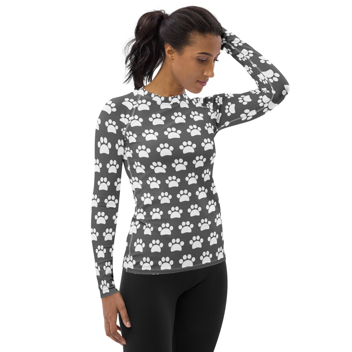 Women's Gray Paw Print Long Sleeve Rash Guard Swim Shirt – Buttery Soft, Sun Safe UPF 50+ Protection, Quick Dry & 4-Way Stretch Comfort