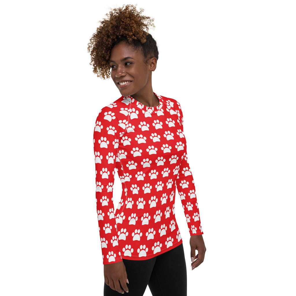 Women's Red Paw Print Long Sleeve Rash Guard Swim Shirt – Buttery Soft, Sun Safe UPF 50+ Protection, Quick Dry & 4-Way Stretch Comfort